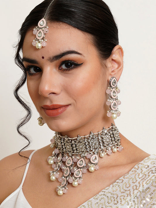 Karatcart Light Pink Beads Oxidised Silver Kundan Choker Necklace Set for Women