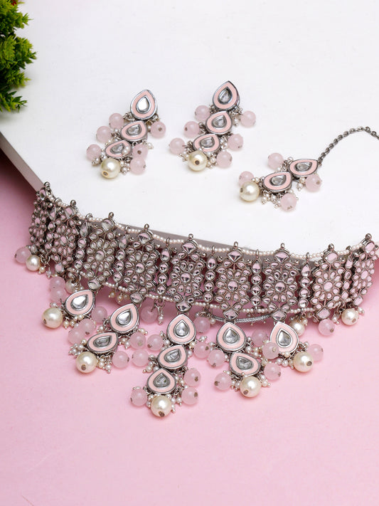 Karatcart Light Pink Beads Oxidised Silver Kundan Choker Necklace Set for Women