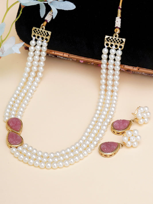 Karatcart Pink Stone Studded Pearl Kundan Necklace Set for Women