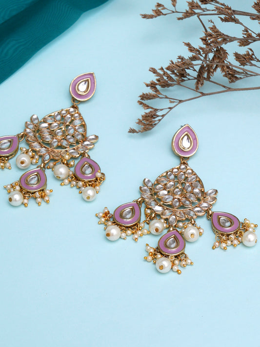 Karatcart Gold Plated Purple Meena Kundan Dangler Earrings for Women