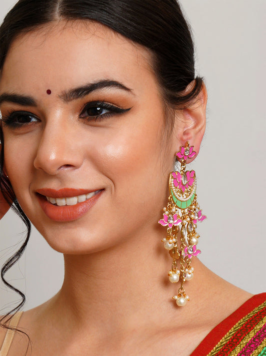 Karatcart Gold Plated Pink Meena Lotus Design Kundan Dangler Earrings for Women
