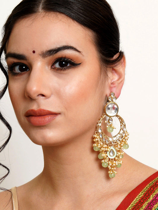 Karatcart Gold Plated Light Green Beads Kundan Dangler Earrings for Women