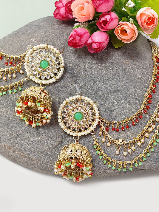 Karatcart Gold Plated Kundan Tiranga Jhumki Kaanchain Earrings for Women