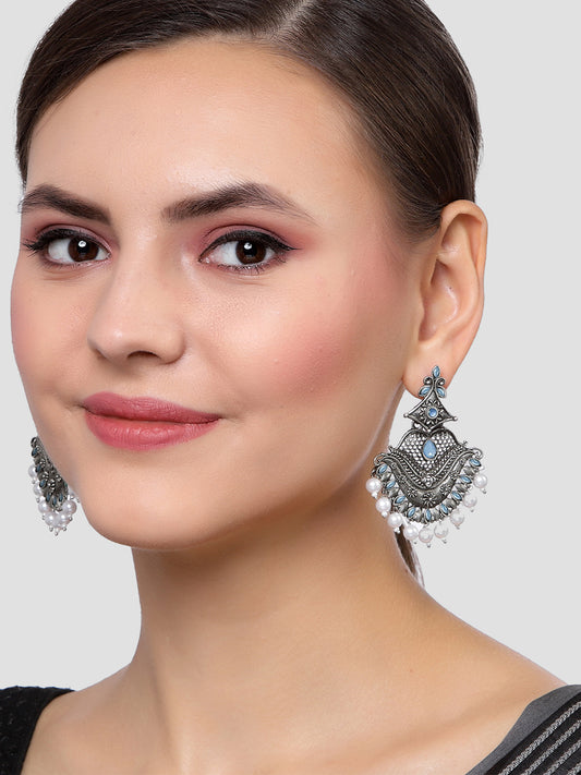 Karatcart Antique Silver Plated Blue Monalisa Stone Studded Dangler Earrings for Women