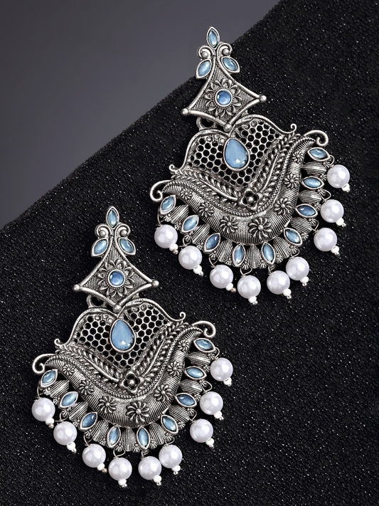 Karatcart Antique Silver Plated Blue Monalisa Stone Studded Dangler Earrings for Women