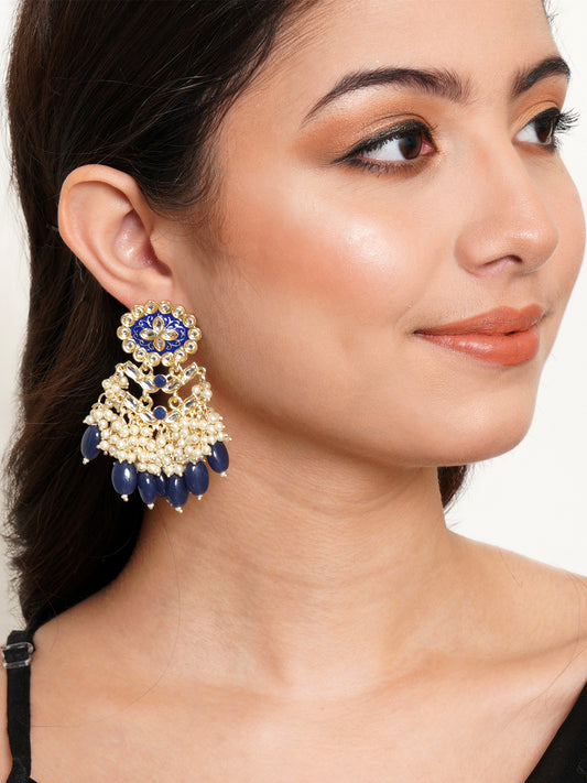 Karatcart Gold Plated Kundan Studded Blue Meena and Tumble Dangler Earrings for Women