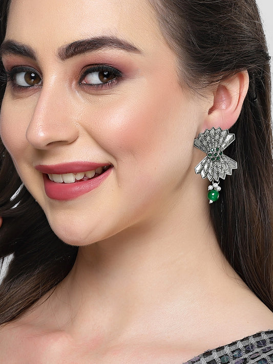 Karatcart Oxidised Silver Plated Green Bead Drop Earrings for Women