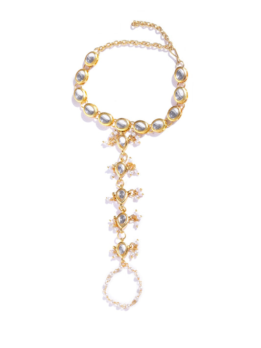 Gold-Plated Kundan Pearl Chain Hathphool with Tassel Beads