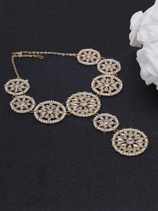 Traditional Gold Plated Floral White Kundan Studded Sheeshphool for Women