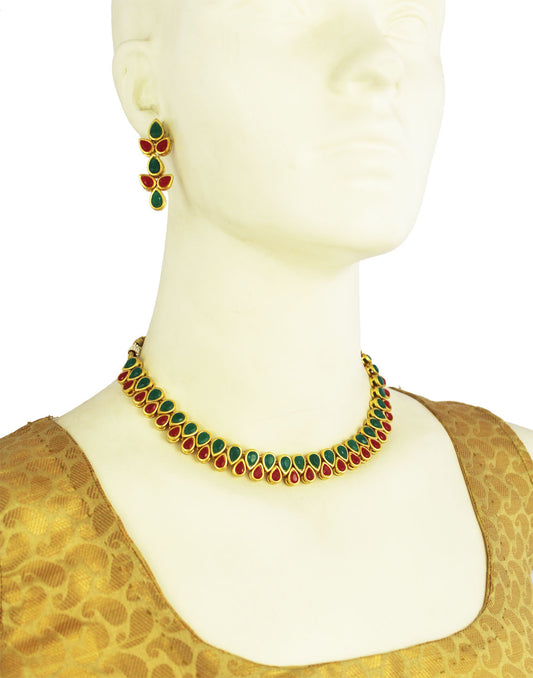 22K GoldPlated Antique origings Red and Green Kundan Necklace Set