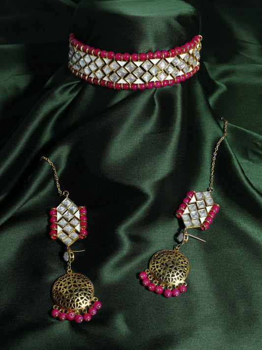 Kundan Pink Beads Choker Necklace Set with Kaanchain Earrings