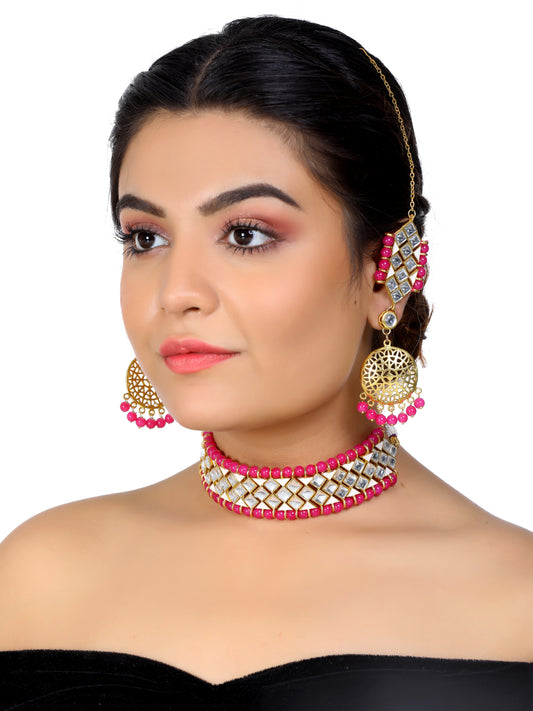 Kundan Pink Beads Choker Necklace Set with Kaanchain Earrings