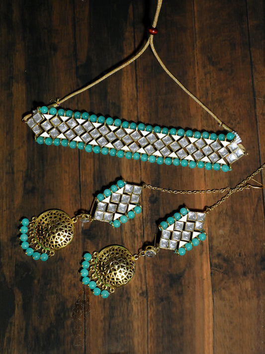 Kundan Blue Beads Choker Necklace Set with Kaanchain Earrings