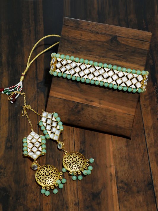 Kundan Lime Green Beads Choker Necklace Set with Kaanchain Earrings