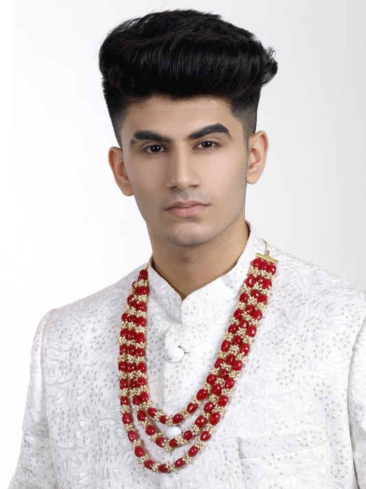 Red Beads with Tassel Multilayered Maharaja Moti Mala for Men