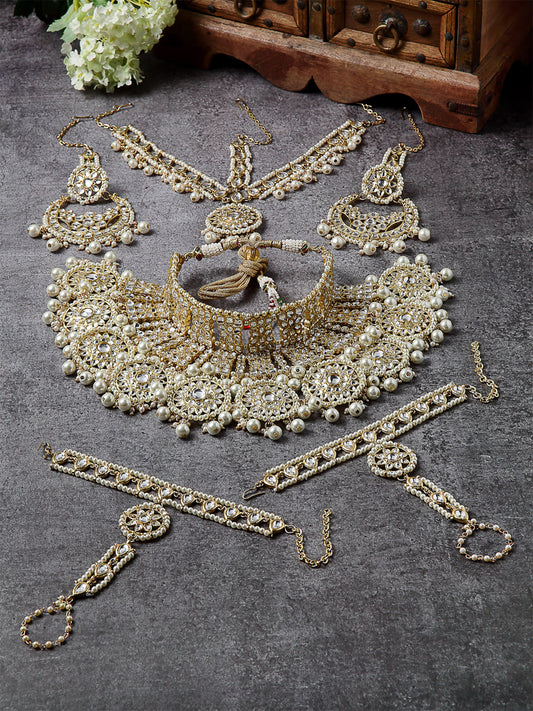 Gold Plated Pearl Beads Kundan Bridal Necklace Set