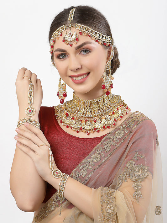 Ruby and Peach Tassel Kundan Gold Plated Bridal Necklace Set