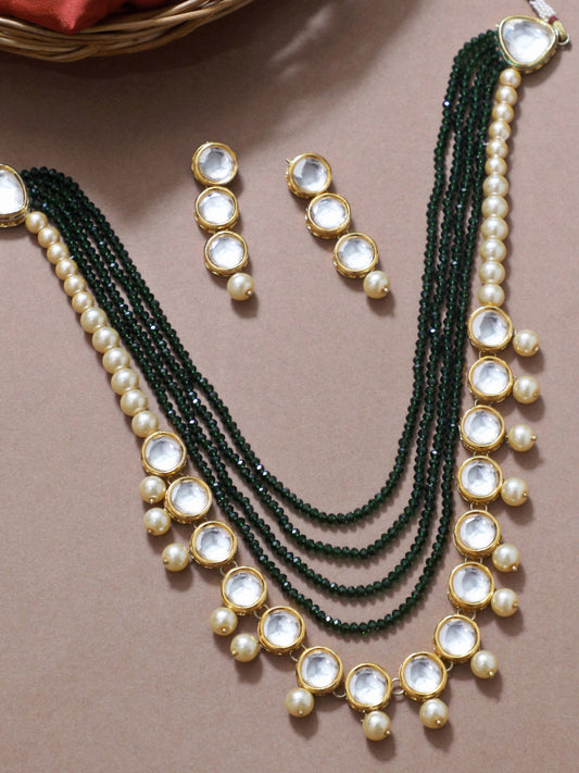 Traditional Gold Plated Green Crystal and Pearl Beads Polki Kundan Rani Haar Set