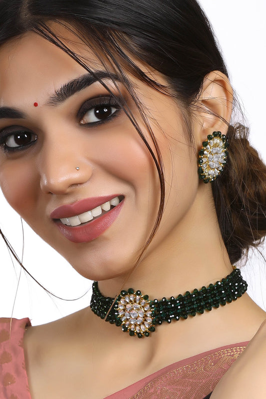 Green Crystal Kundan Choker Necklace Set