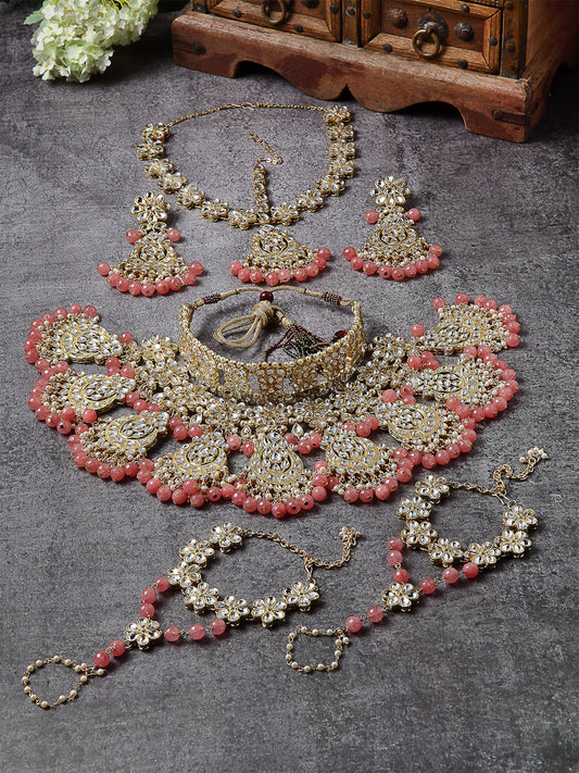 Gold-Plated Peach Beads Studded Handcrafted Kundan Bridal Jewellery Set