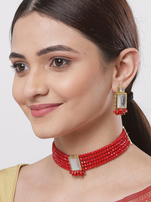 Traditional Red Crystal Kundan Choker Necklace Set