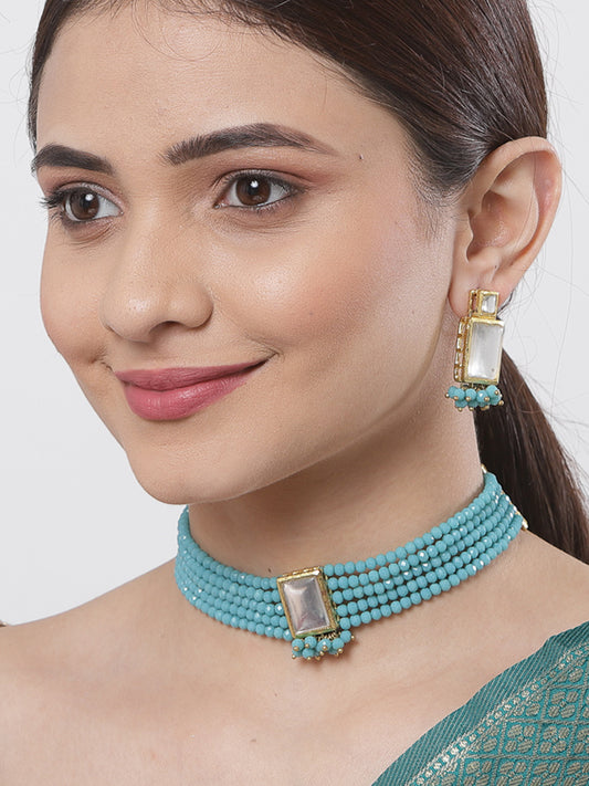 Traditional Light Blue Crystal Kundan Choker Necklace Set