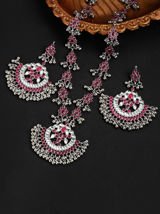 Oxidised Silver Ruby Red Kundan Studded Antique Rani Haar Necklace Set