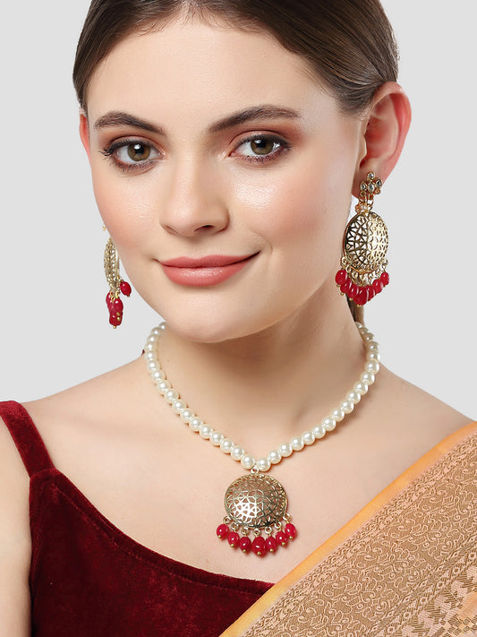 Karatcart Gold Plated Red Tumble and Pearl Studded Kundan Necklace Set for Women