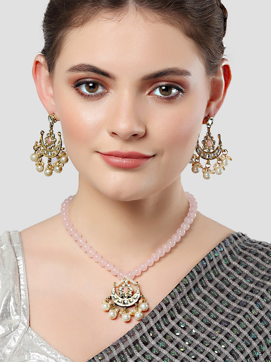 Karatcart Gold Plated Pearl and Light Pink Beads Studded Kundan Necklace Set for Women