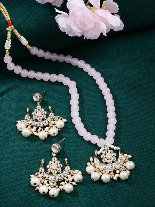 Karatcart Gold Plated Pearl and Light Pink Beads Studded Kundan Necklace Set for Women