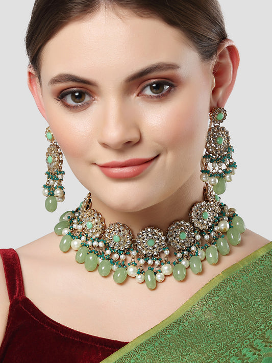 Karatcart Gold Plated Light Green Tumble and Pearl Studded Kundan Choker Necklace Set for Women