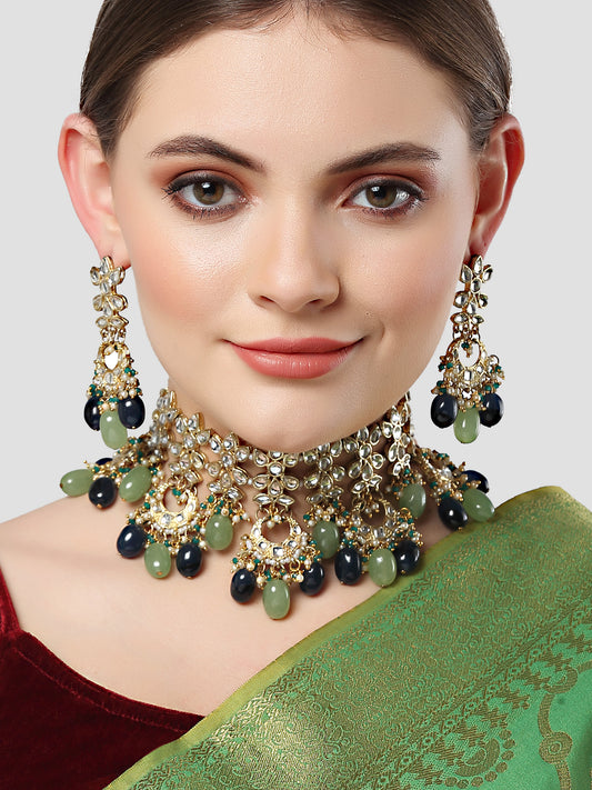 Karatcart Gold Plated Light Green and Blue Tumble Studded Kundan Choker Necklace Set for Women