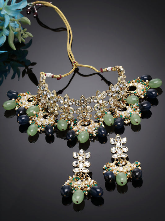 Karatcart Gold Plated Light Green and Blue Tumble Studded Kundan Choker Necklace Set for Women