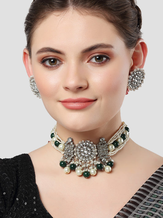 Karatcart Oxidised Silver Green and Pearl Beads Studded Kundan Choker Necklace Set for Women