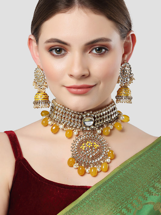 Karatcart Gold Plated Yellow Tumble Studded Kundan Choker Necklace Set for Women