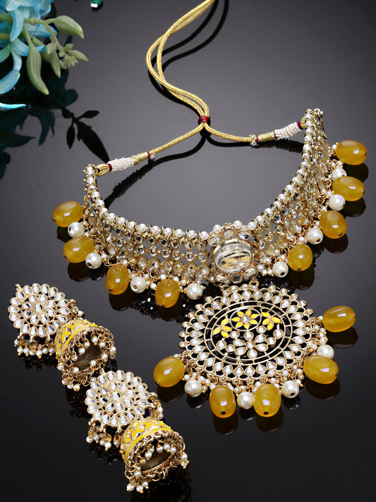 Karatcart Gold Plated Yellow Tumble Studded Kundan Choker Necklace Set for Women