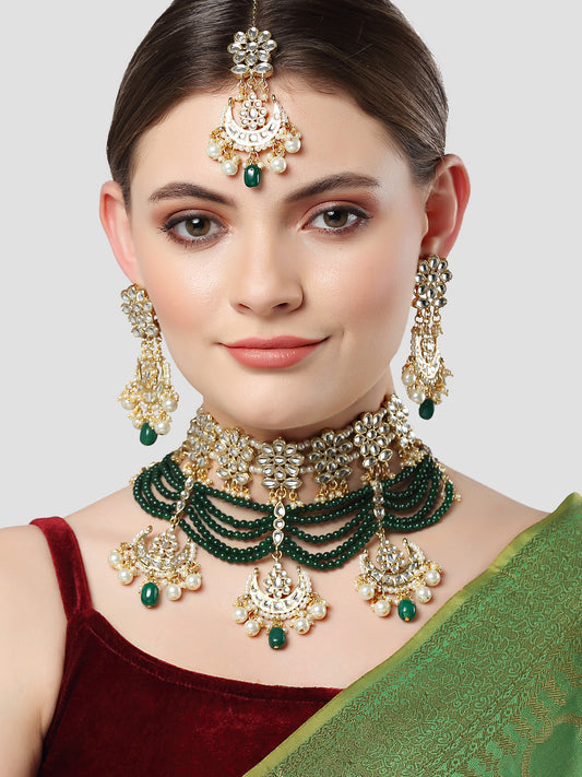 Karatcart Gold Plated Green Beads Multilayered Kundan Choker Necklace Set for Women