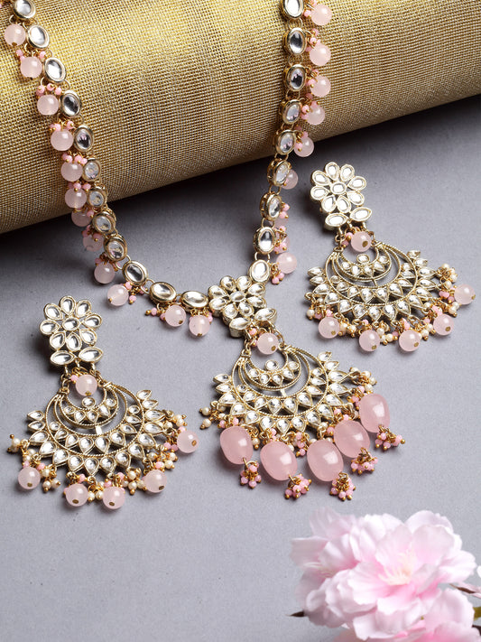Karatcart Gold Plated Pink Tumble Studded Kundan Rani-Haar Necklace Set for Women
