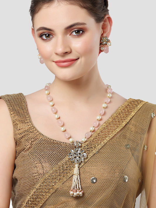 Karatcart Gold Plated Pink Tumble and Pearl Studded Kundan Rani-Haar Necklace Set for Women