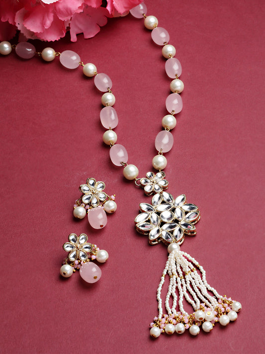 Karatcart Gold Plated Pink Tumble and Pearl Studded Kundan Rani-Haar Necklace Set for Women