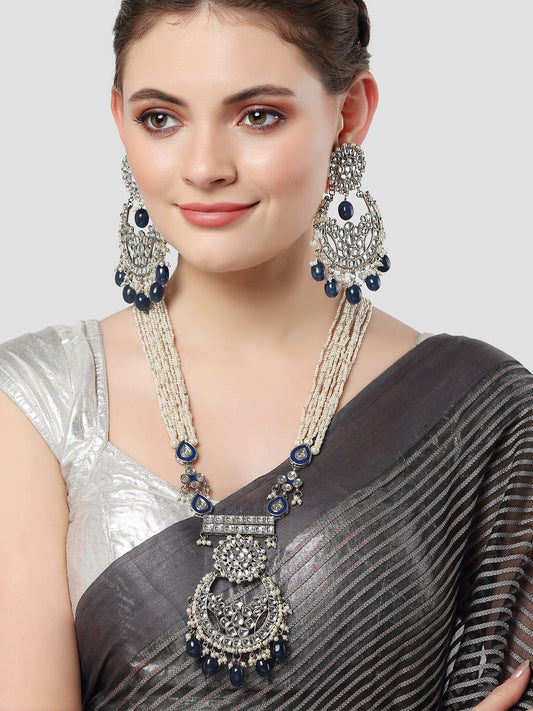 Karatcart Silver Plated Blue Tumble and Pearl Studded Kundan Rani-Haar Necklace Set for Women