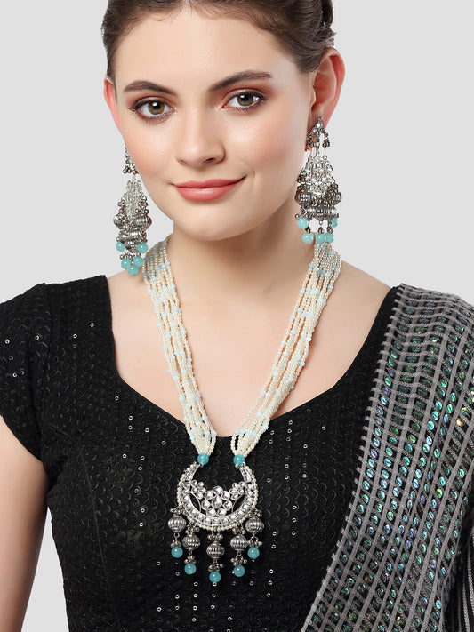 Karatcart Silver Plated Light Blue Tumble and Pearl Studded Kundan Rani-Haar Necklace Set for Women