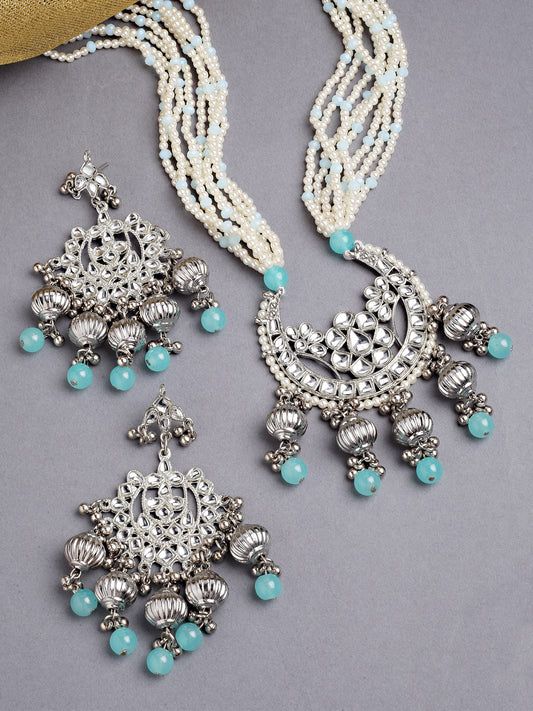 Karatcart Silver Plated Light Blue Tumble and Pearl Studded Kundan Rani-Haar Necklace Set for Women