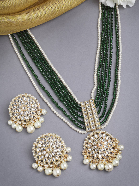 Karatcart Gold Plated Green Crystal and Pearl Studded Kundan Rani Haar Necklace Set for Women