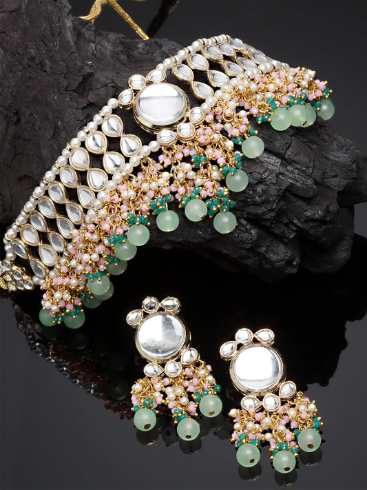 Karatcart Gold Plated Green Beads and Pink Crystal Studded Kundan Choker Necklace Set for Women