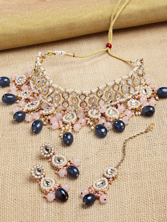 Karatcart Gold Plated Blue and Pink Kundan Choker Necklace Set for Women