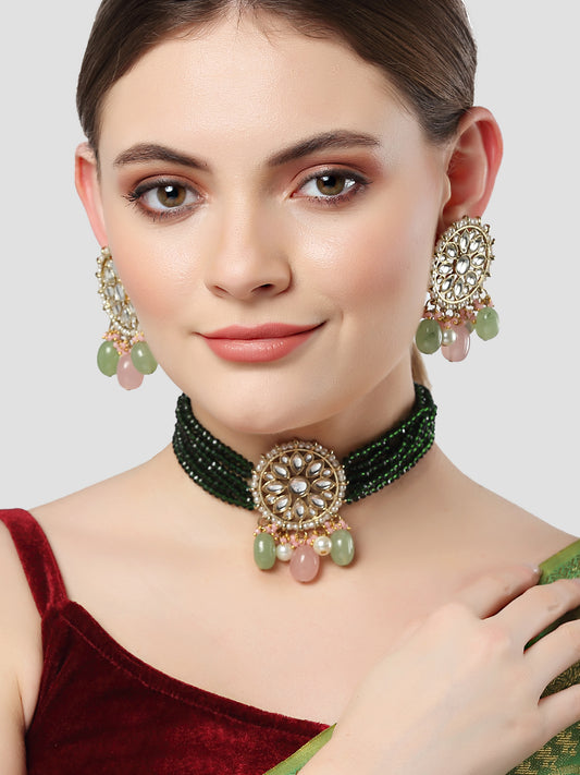 Karatcart Gold Plated Green and Pink Kundan Choker Necklace Set for Women