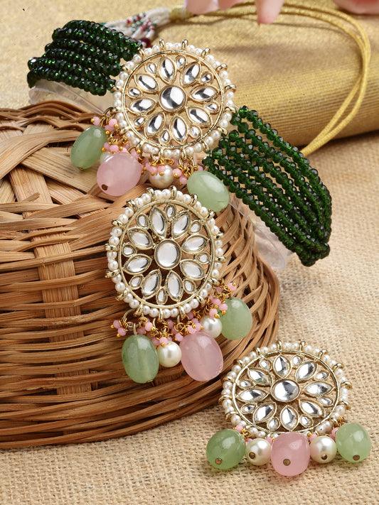Karatcart Gold Plated Green and Pink Kundan Choker Necklace Set for Women