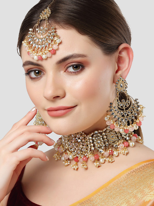 Karatcart Gold Plated Peach and Pink Beads Kundan Choker Necklace Set for Women