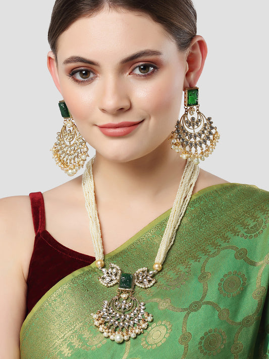 Karatcart Gold Plated Green Carved Stone and Kundan Rani Haar Necklace Set for Women